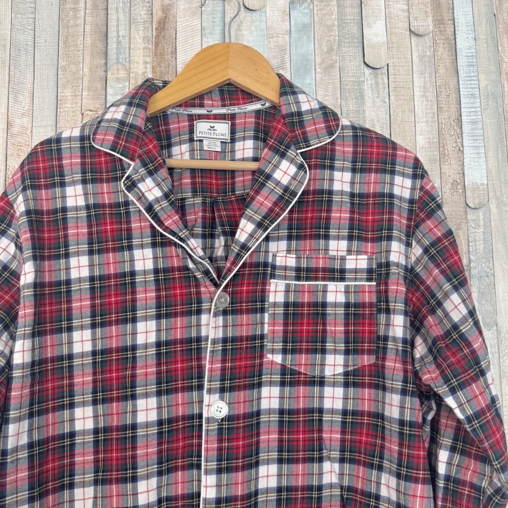 Petite Plume L Mens Balmoral Tartan Brushed Flannel Twill Pajama Shirt Red Plaid
